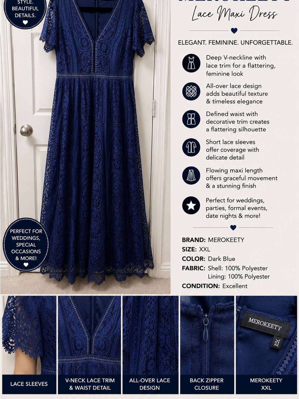 Merokeety Dark Blue Lace Maxi Dress – Elegant V-Neck Wedding Dress